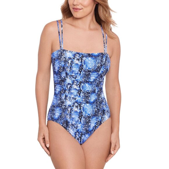 Swim Solutions Womens Shirred Snakeskin-Print One Piece Swimsuit Jungle Blue 8 - Picture 5 of 7